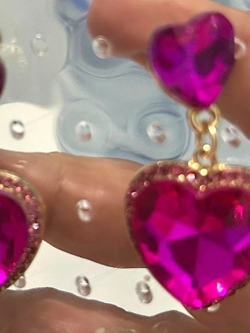 Betsey Johnson Gold Tone Pink Heart Crystal Drop Earrings